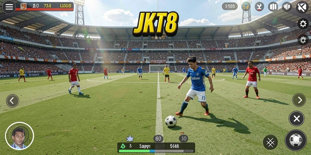 Tampilan gameplay menegangkan dalam JKT8 saat adu skill di lapangan.