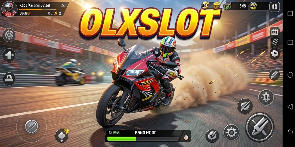 Tampilan screenshot OLXSLOT menunjukkan aksi balap motor yang mendebarkan.