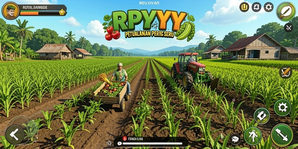Screenshot gameplay RPYYY menunjukkan suasana pertanian yang indah dan beragam aktivitas petani.